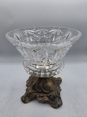 L&L Cut Glass Pedestal Centerpiece Bowl Bronze Brass 9 1/8 X 8 1/2"